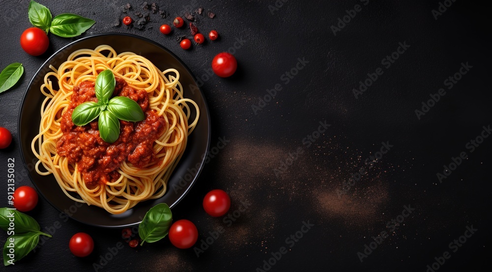 Spaghetti Bolognese on a dark background with copy space