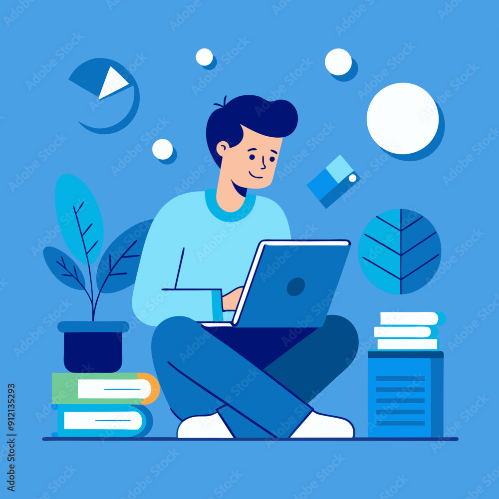 A person studying online blue colors light blue background illustration A person studying online blue colors light blue background illustration