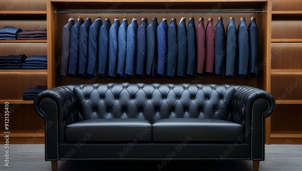 Obraz premium A luxurious men's wardrobe with a leather sofa, surrounded by neatly arranged suits