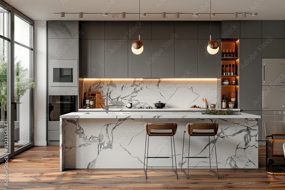 Stylish kitchen featuring grey cabinets, white marble countertop, and ...