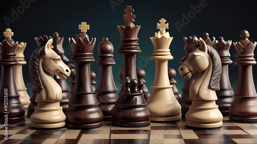 A front view of a chess game with with lots of pawns and 3 kings and queens much larger than the pawns, hyper realistic