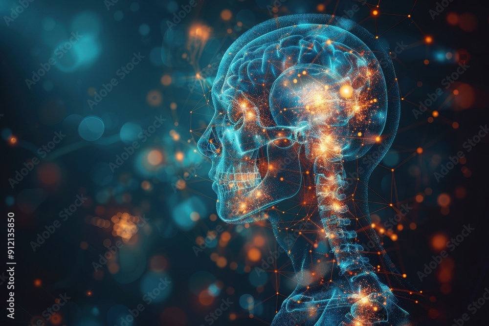 Abstract Medical Background Featuring A Digital Human Skull And Brain Network Abstract Medical Background Featuring A Digital Human Skull And Brain Network