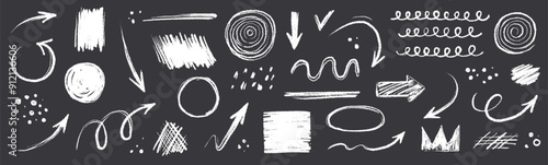 Arrow line chalk hand drawn brush vector set. Grunge square, spiral, arrow element scribble line brush hand drawn sketch design. Grunge abstract chalk, crayon pencil style. Vector illustration.
