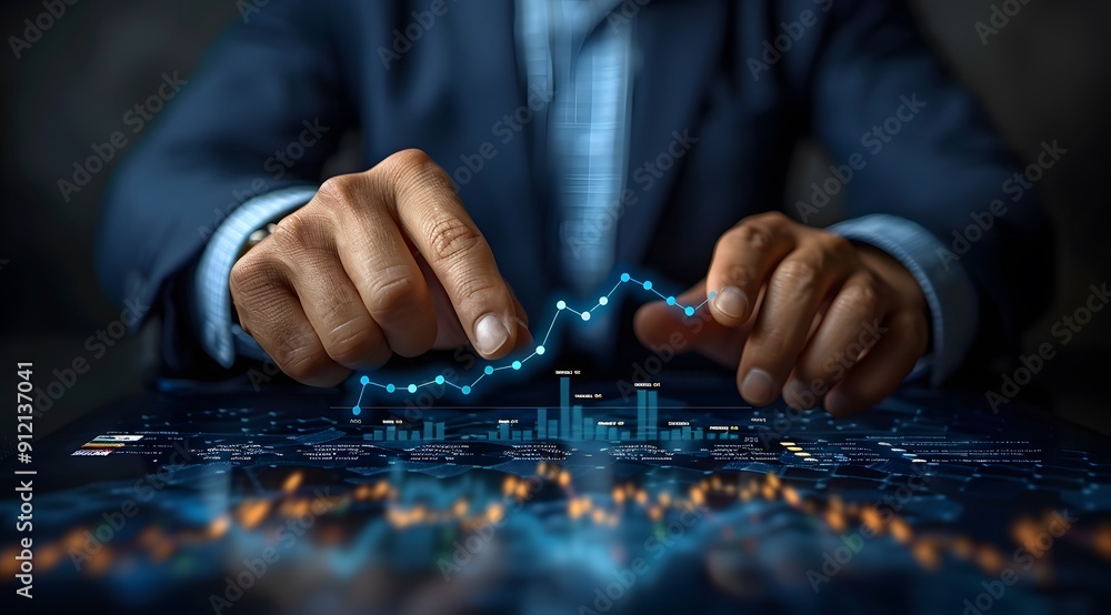 A man is pointing at a graph on a computer screen. The graph shows a steady increase in numbers, which could represent a successful business venture or a growing trend A man is pointing at a graph on a computer screen. The graph shows a steady increase in numbers, which could represent a successful business venture or a growing trend