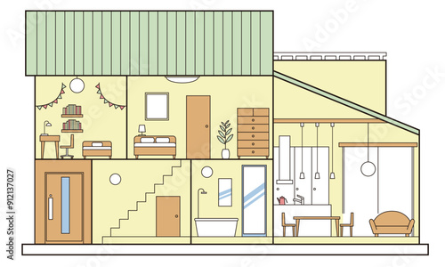 シンプルな吹き抜けの住宅、一戸建て、家の断面図のイラスト　二階建て　白背景