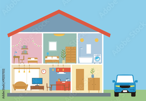 住宅、一戸建て、家の断面図のイラスト　二階建て　自動車　青空背景