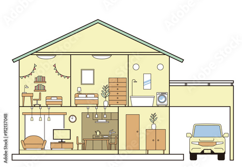 シンプルな住宅、一戸建て、家の断面図のイラスト　二階建て　駐車場と自動車　白背景