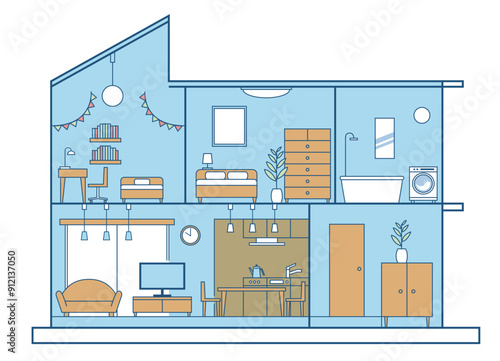 シンプルな住宅、一戸建て、家の断面図のイラスト　二階建て　白背景