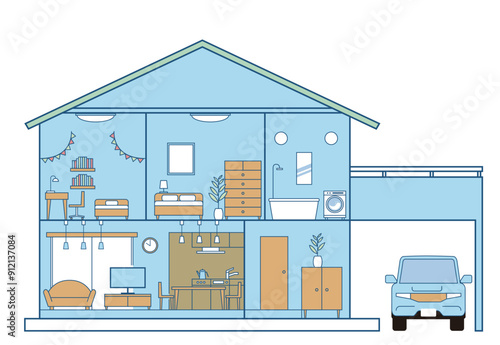 シンプルな住宅、一戸建て、家の断面図のイラスト　二階建て　駐車場と自動車　白背景