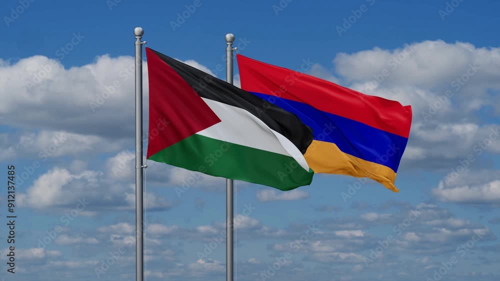 Armenia and Palestine flags flying together, video concept of the relationship, two country cooperation concept Armenia and Palestine flags flying together, video concept of the relationship, two country cooperation concept