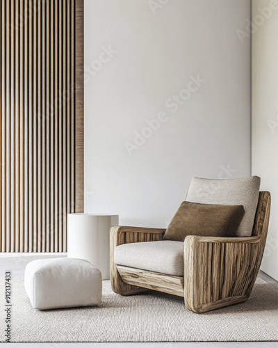 Luxury room interiors with natural lighting, warm colors, copyspace and minimal furniture. Minimalist residential interior design composition.