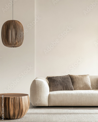 Luxury room interiors with natural lighting, warm colors, copyspace and minimal furniture. Minimalist residential interior design composition.