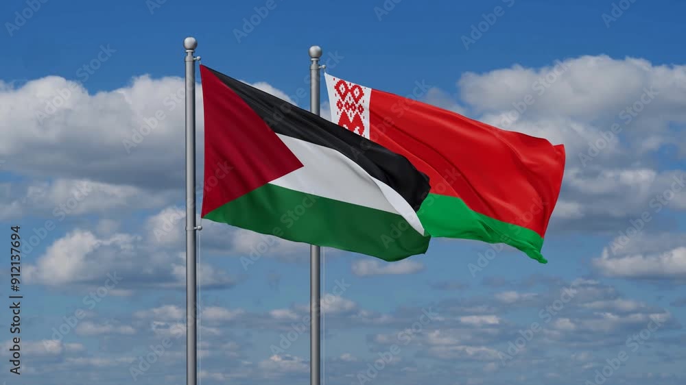 Belarus and Palestine flags flying together, video concept of the relationship, two country cooperation concept Belarus and Palestine flags flying together, video concept of the relationship, two country cooperation concept
