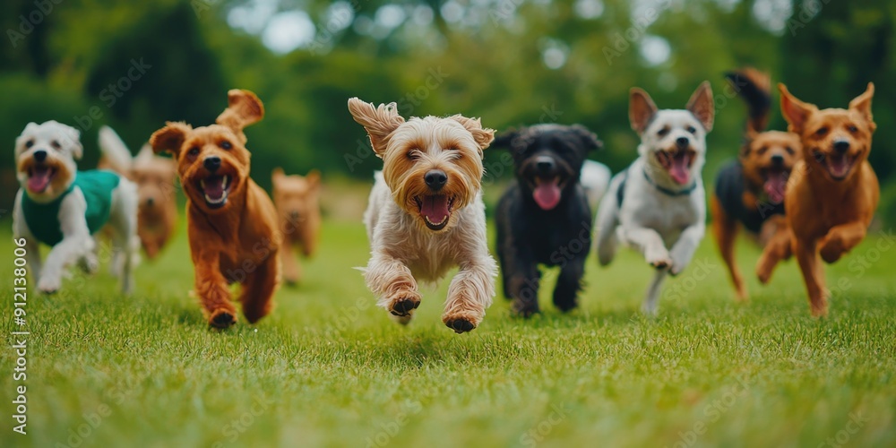 Group of dogs on green field Group of dogs on green field