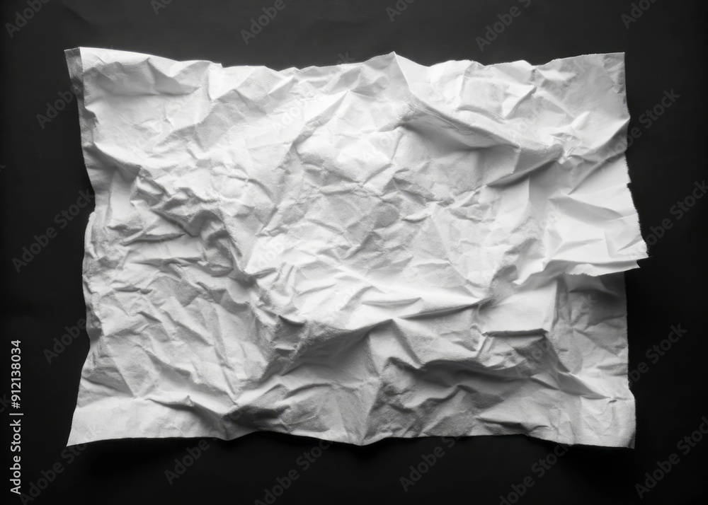 Obraz premium Torn and creased white paper sheets with intricate folds lay flat on a pure black background, emphasizing texture and simplicity.