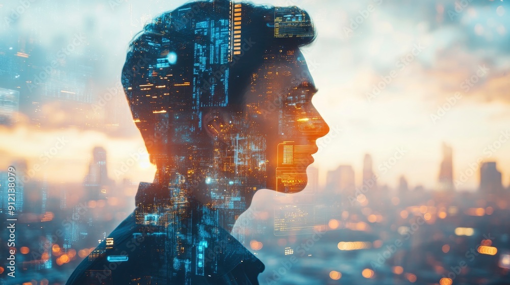 Double Exposure Image of Business Person on modern city background. Future business and communication technology concept. whut generative ai Double Exposure Image of Business Person on modern city background. Future business and communication technology concept. whut generative ai