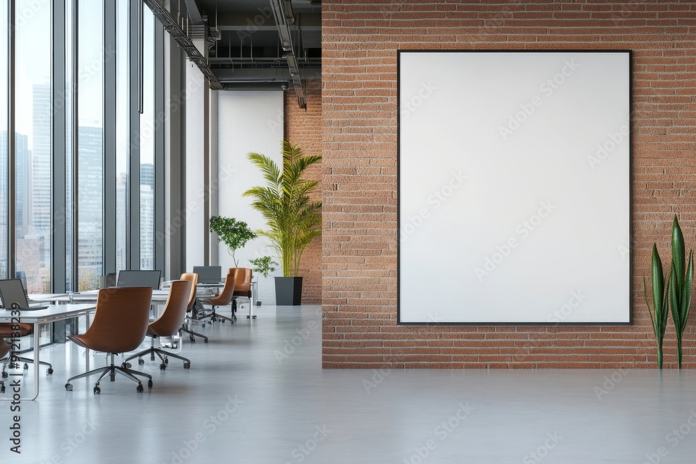 A modern office space with glass walls, white concrete floors and sleek furniture. A modern office space with glass walls, white concrete floors and sleek furniture.