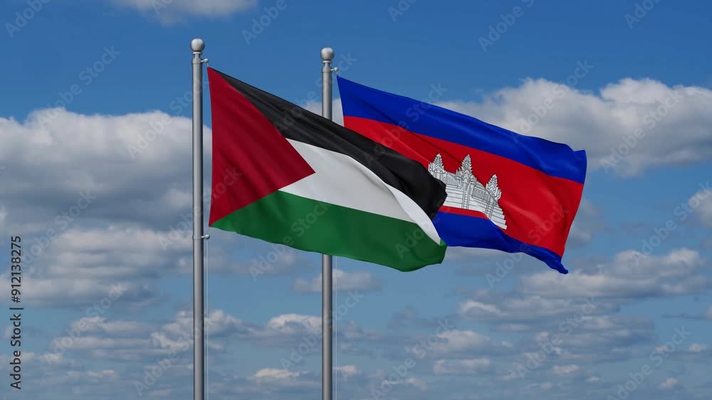 Cambodia and Palestine flags flying together, video concept of the relationship, two country relations concept Cambodia and Palestine flags flying together, video concept of the relationship, two country relations concept