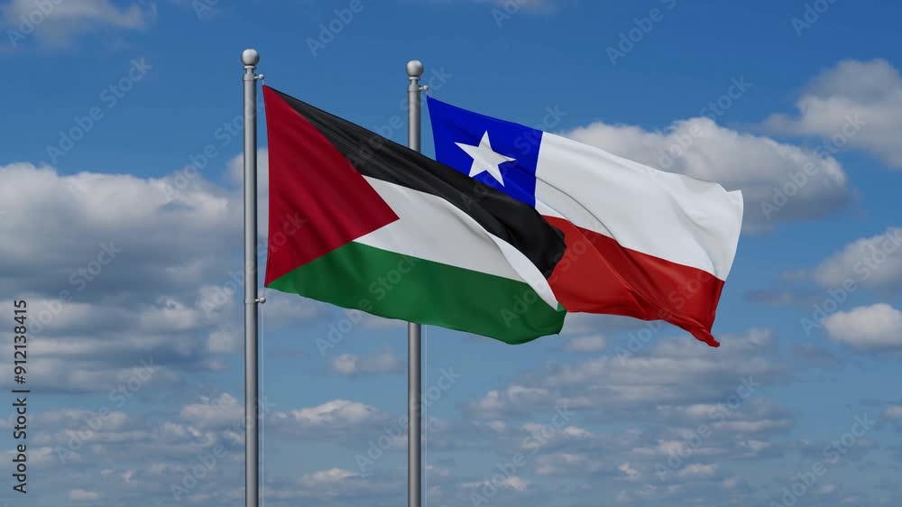Chile and Palestine flags flying together, video concept of the relationship, two country relations concept Chile and Palestine flags flying together, video concept of the relationship, two country relations concept