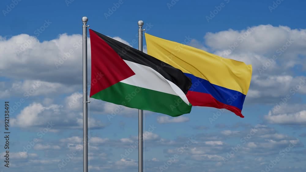 Colombia and Palestine flags flying together, video concept of the relationship, two country cooperation concept Colombia and Palestine flags flying together, video concept of the relationship, two country cooperation concept