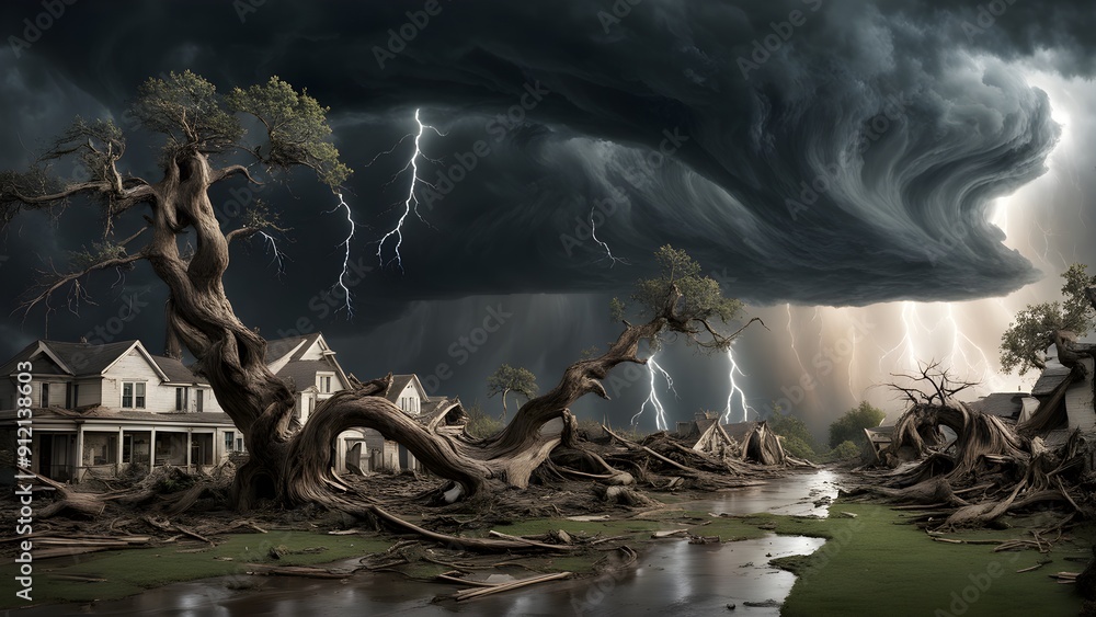 Fototapeta premium A storm is raging over a town, with houses destroyed and trees uprooted
