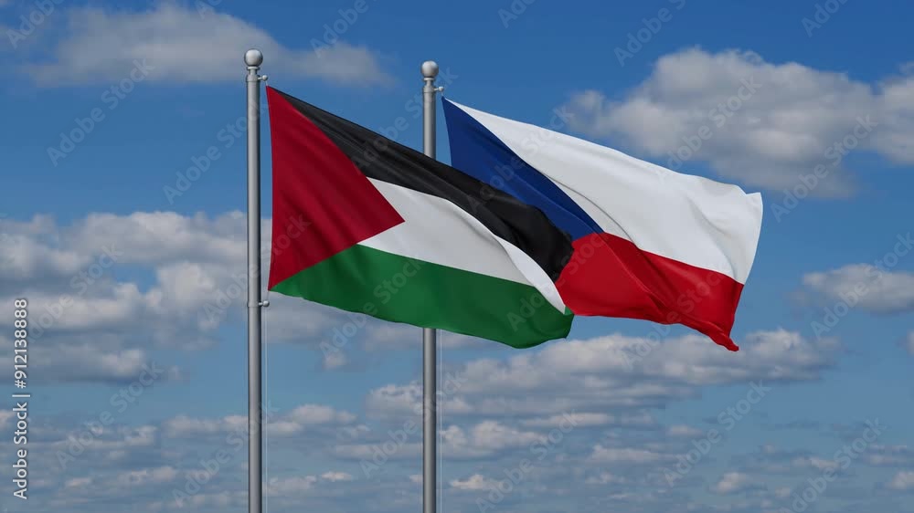 Czech Republic and Palestine flags flying together, video concept of the relationship, two country relations concept Czech Republic and Palestine flags flying together, video concept of the relationship, two country relations concept
