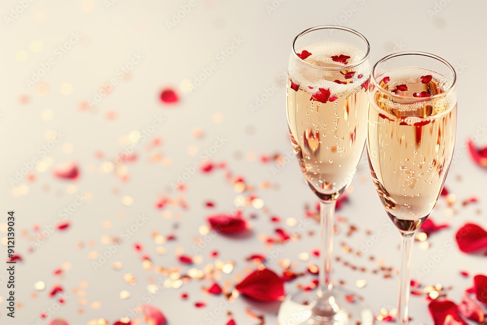Romantic setting with two sparkling champagne glasses and petals for celebration Romantic setting with two sparkling champagne glasses and petals for celebration