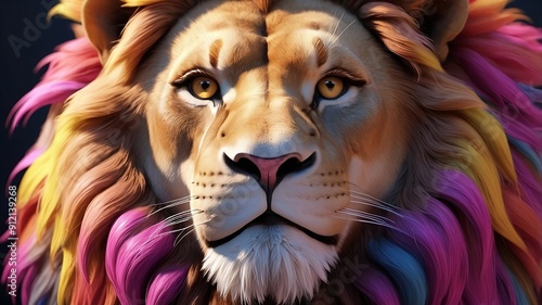 A colorful lion looking solemnly photo