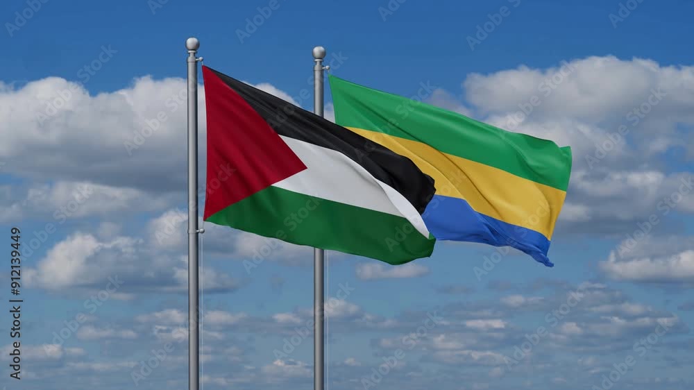 Gabon and Palestine flags flying together, video concept of the relationship, two country relations concept Gabon and Palestine flags flying together, video concept of the relationship, two country relations concept