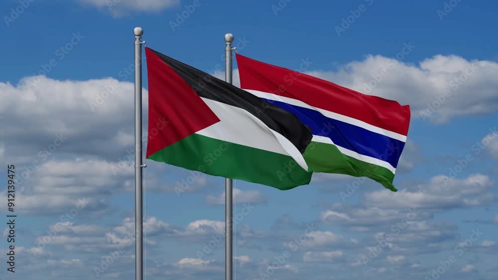 Gambia and Palestine flags flying together, video concept of the relationship, two country relations concept Gambia and Palestine flags flying together, video concept of the relationship, two country relations concept