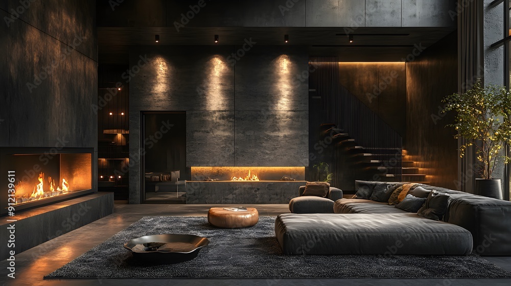 Urban Chic. Dark and stylish industrial loft living room with a fireplace Urban Chic. Dark and stylish industrial loft living room with a fireplace