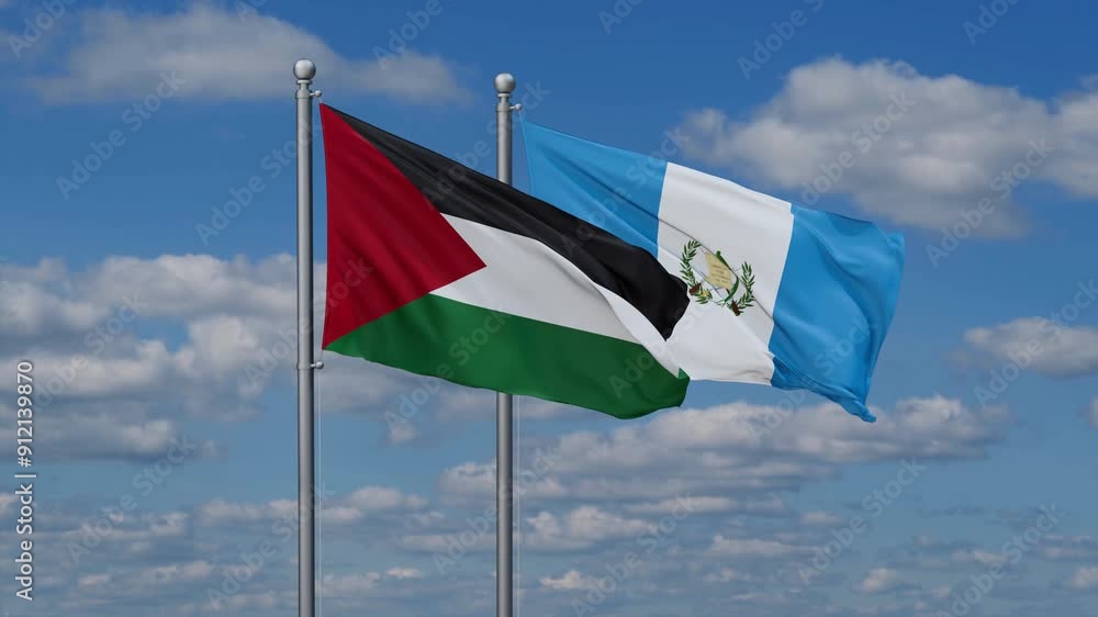 Guatemala and Palestine flags flying together, video concept of the relationship, two country relations concept Guatemala and Palestine flags flying together, video concept of the relationship, two country relations concept