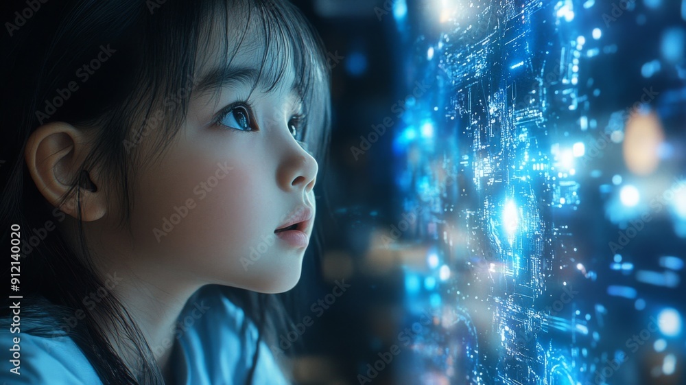 Child Gazing at Futuristic Digital Interface with Blue Glowing Lights and Holographic Elements Child Gazing at Futuristic Digital Interface with Blue Glowing Lights and Holographic Elements