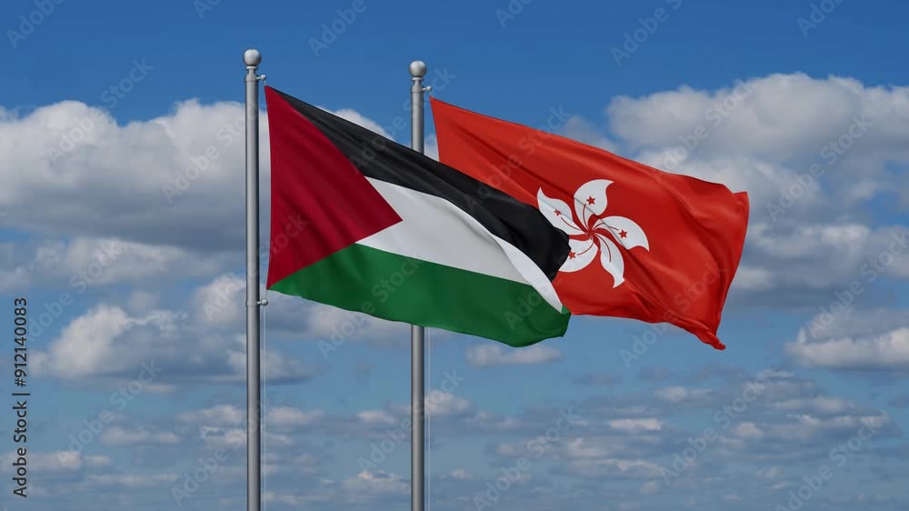 Hong Kong and Palestine flags flying together, video concept of the relationship, two country relations concept Hong Kong and Palestine flags flying together, video concept of the relationship, two country relations concept