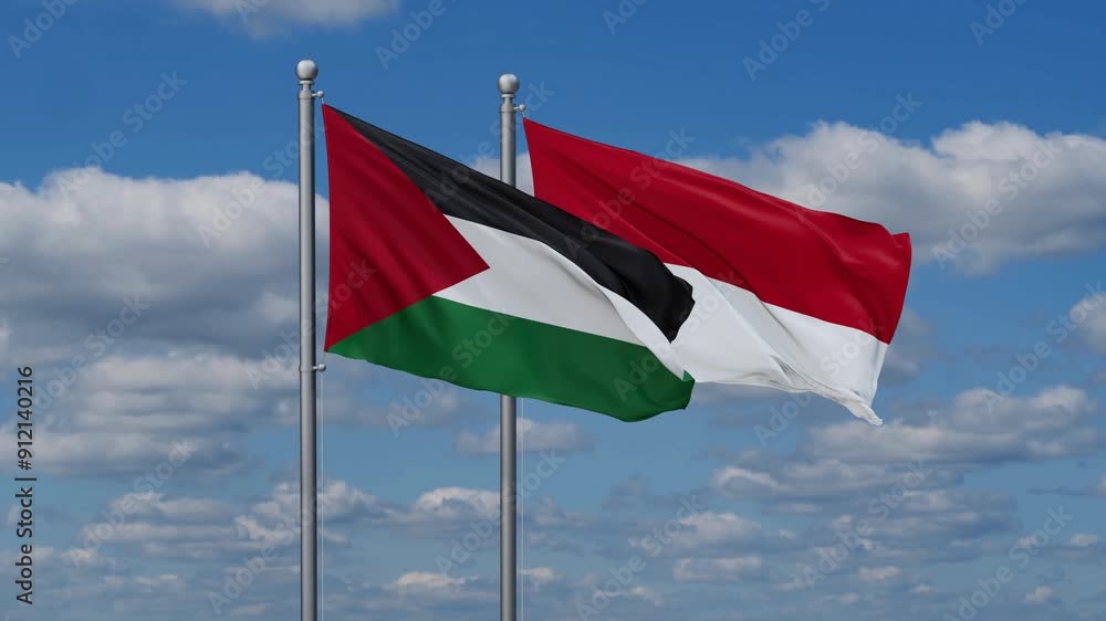 Indonesia and Palestine flags flying together, video concept of the relationship, two country relations concept Indonesia and Palestine flags flying together, video concept of the relationship, two country relations concept