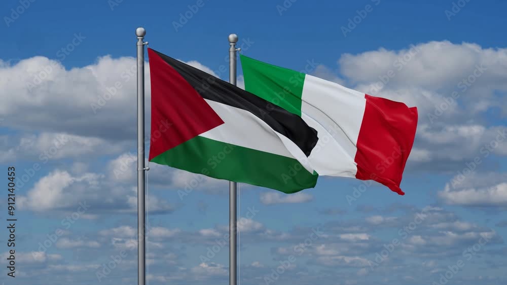 Italy and Palestine flags flying together, video concept of the relationship, two country cooperation concept Italy and Palestine flags flying together, video concept of the relationship, two country cooperation concept