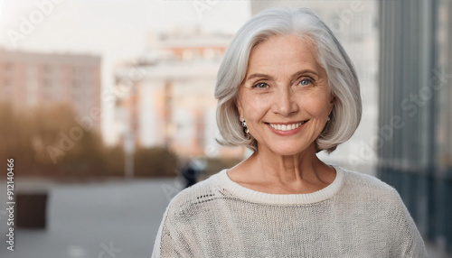 Smiling portrait of crazy senior woman looking at camera outdoor. Head shot of 60 year old woman.