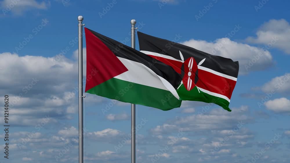 Kenya and Palestine flags flying together, video concept of the relationship, two country relations concept Kenya and Palestine flags flying together, video concept of the relationship, two country relations concept