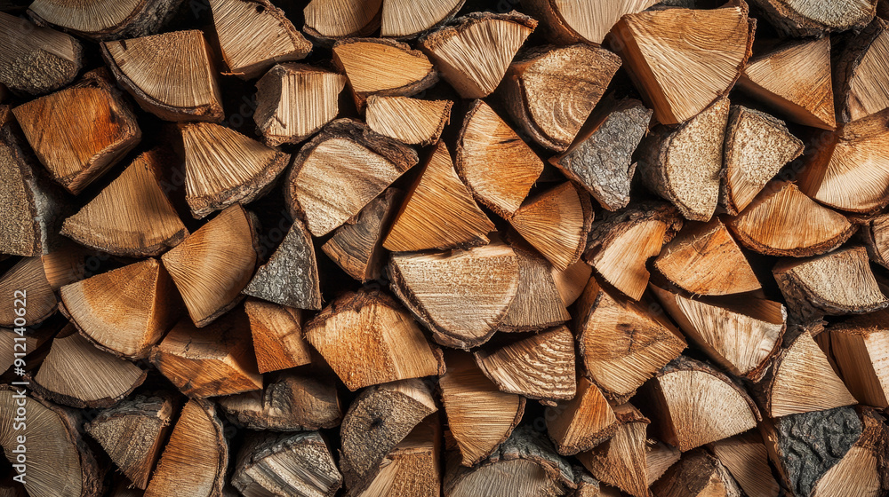 The image captures a close-up view of a natural wooden background featuring chopped firewood. The firewood is stacked neatly, prepared for winter. The pile of wood logs showcases the texture The image captures a close-up view of a natural wooden background featuring chopped firewood. The firewood is stacked neatly, prepared for winter. The pile of wood logs showcases the texture