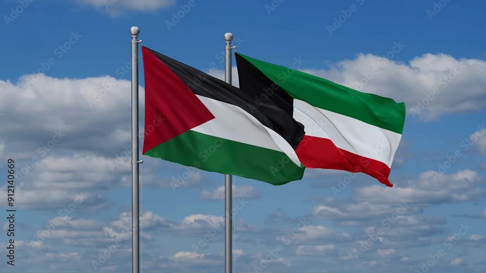 Kuwait and Palestine flags flying together, video concept of the relationship, two country cooperation concept Kuwait and Palestine flags flying together, video concept of the relationship, two country cooperation concept