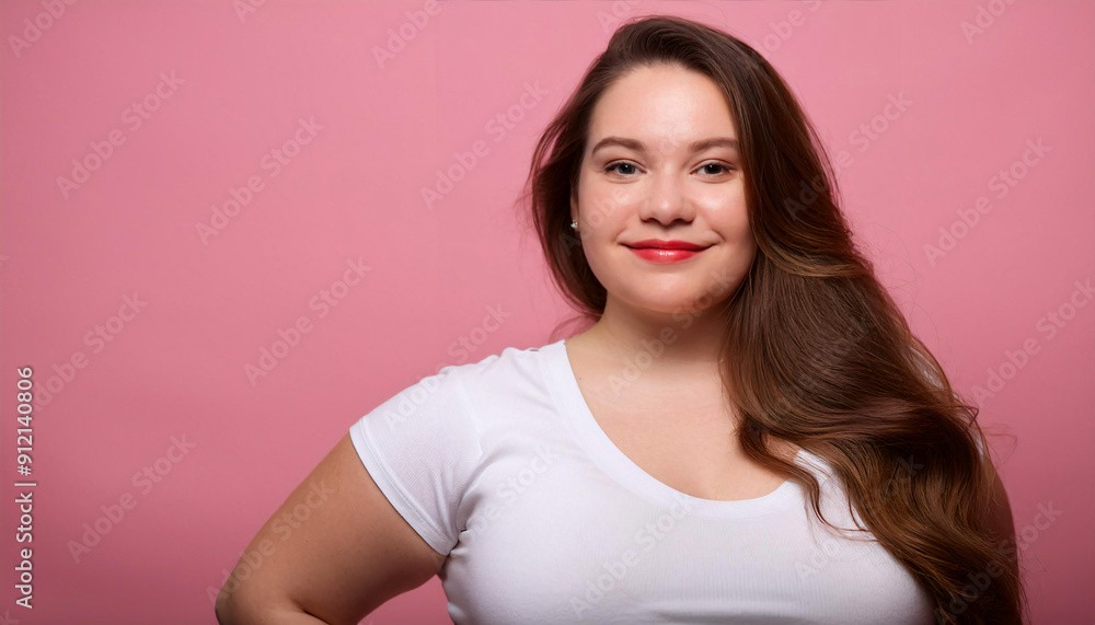 Young beautiful plus size woman with long hair in white t-shirt posing, body positive. Young beautiful plus size woman with long hair in white t-shirt posing, body positive.