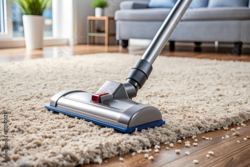 Portable cordless vacuum's rotating brush gently sweeps away dirt and dust from carpet fibers, capturing daily messes with ease and efficiency. photo