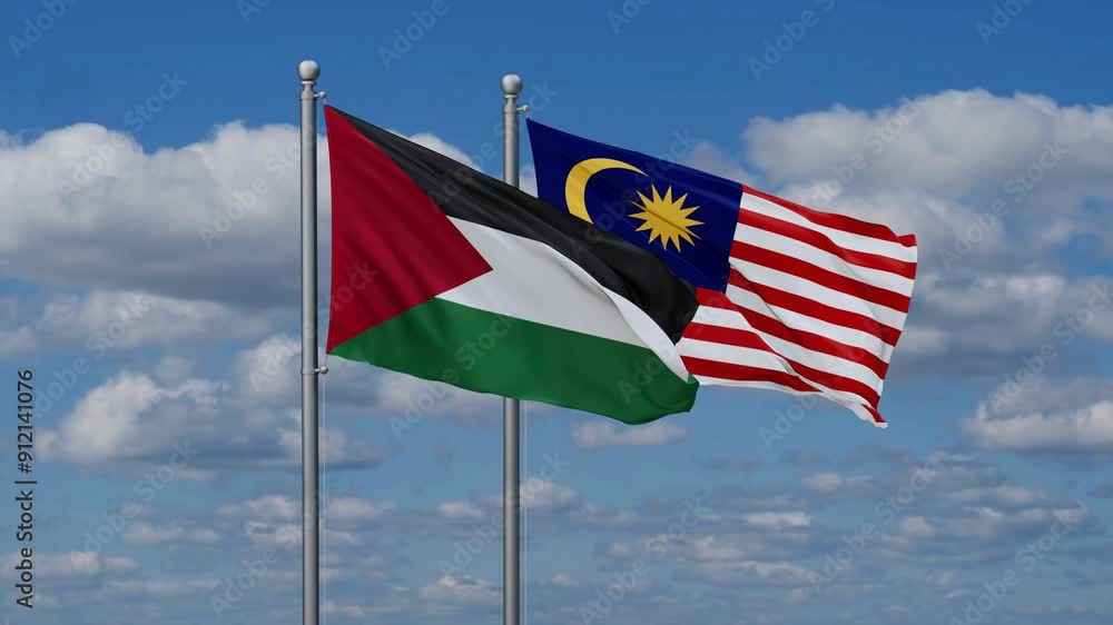 Malaysia and Palestine flags flying together, video concept of the relationship, two country cooperation concept Malaysia and Palestine flags flying together, video concept of the relationship, two country cooperation concept