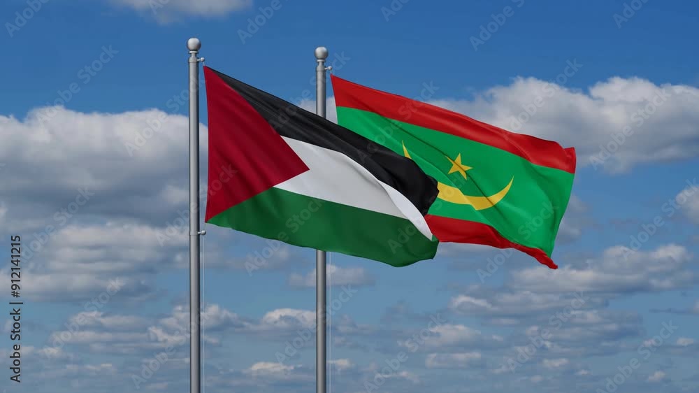 Mauritania and Palestine flags flying together, video concept of the relationship, two country relations concept Mauritania and Palestine flags flying together, video concept of the relationship, two country relations concept