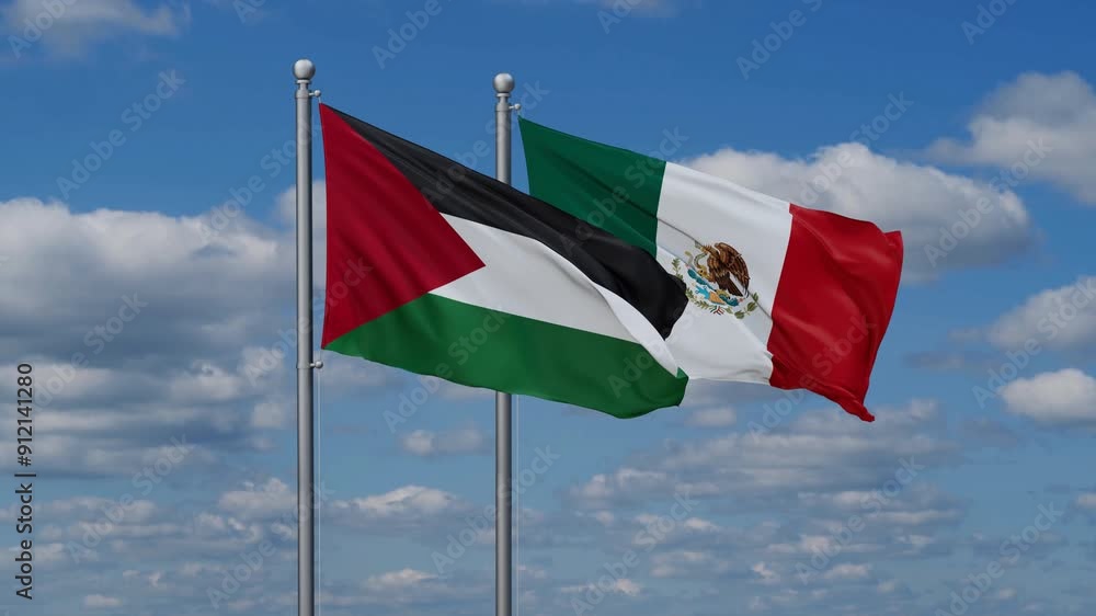 Mexico and Palestine flags flying together, video concept of the relationship, two country relations concept Mexico and Palestine flags flying together, video concept of the relationship, two country relations concept