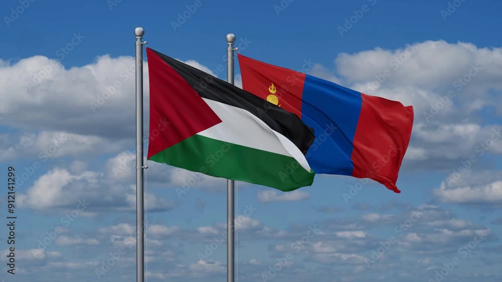 Mongolia and Palestine flags flying together, video concept of the relationship, two country cooperation concept Mongolia and Palestine flags flying together, video concept of the relationship, two country cooperation concept