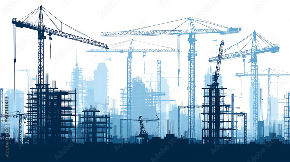 Construction Site with Multiple Cranes and Buildings in Progress Construction Site with Multiple Cranes and Buildings in Progress