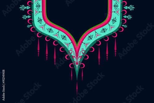 A stylish and intricate neckline pattern in pink, teal, and green with delicate decorative elements, ideal for garment embellishments and textile design.