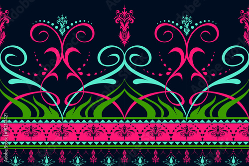 A vibrant and seamless floral pattern featuring elegant swirls and intricate designs in pink, teal, and green on a dark background, perfect for fabric and textile applications.