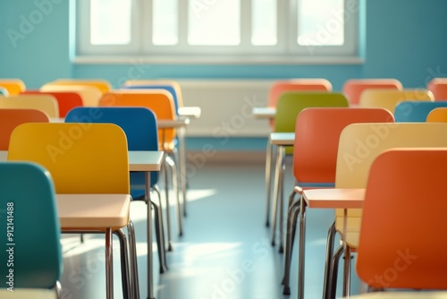 An empty school classroom with colorful desks and chairs, a blurry background